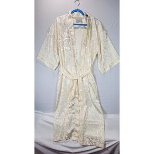 Vintage Erika Taylor Intimates Floral Jacquard Satin Robe Ivory Belted Kimono M